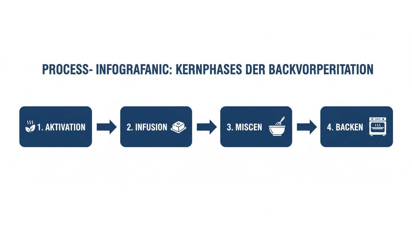 Infografik zeigt vier Schritte der Backvorbereitung: Aktivierung, Infusion, Mischen und Backen, mit Icons.