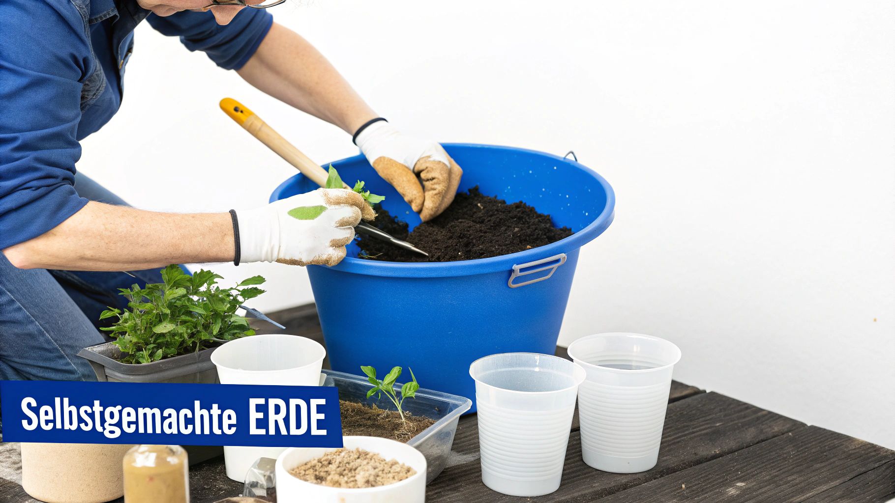 Eine Person mit Gartenhandschuhen pflanzt Setzlinge in einen blauen Eimer mit Erde. Thema: Selbstgemachte ERDE.