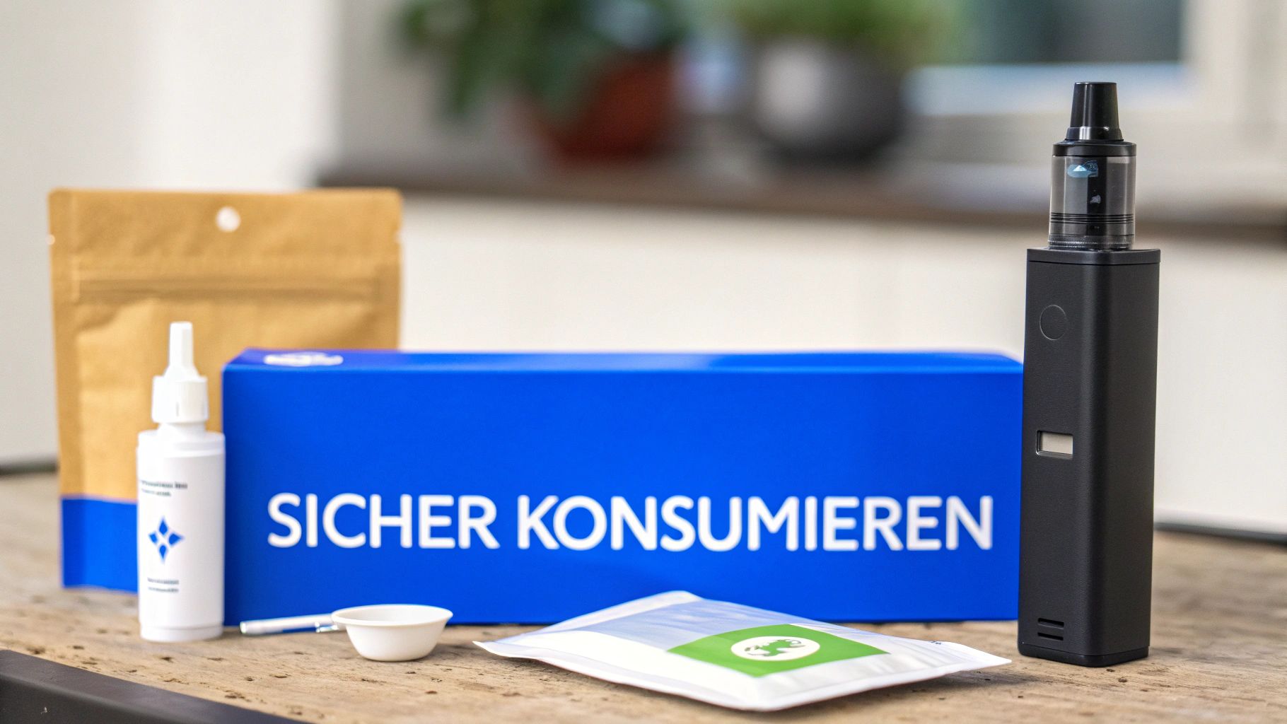 Beschreibung eines Safer-Use-Sets mit Vape, Flüssigkeit, Päckchen und blauer Schachtel mit Aufschrift.