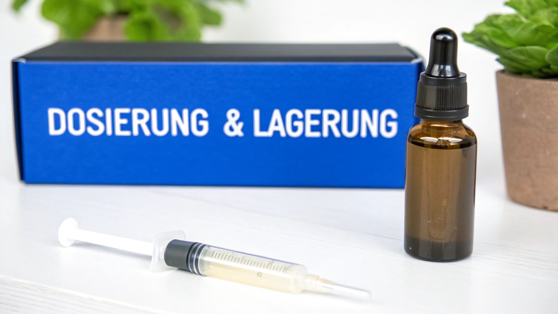 Blaue Schachtel mit Aufschrift 'DOSIERUNG & LAGERUNG', Tropfflasche und Spritze mit gelber Flüssigkeit auf weißem Tisch.