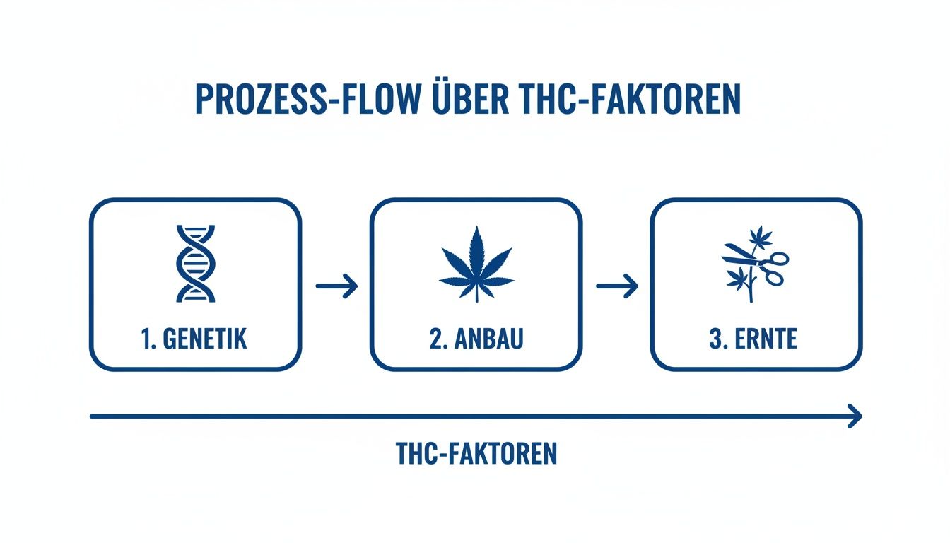 Flussdiagramm veranschaulicht die drei Hauptfaktoren Genetik, Anbau und Ernte, die den THC-Gehalt beeinflussen.