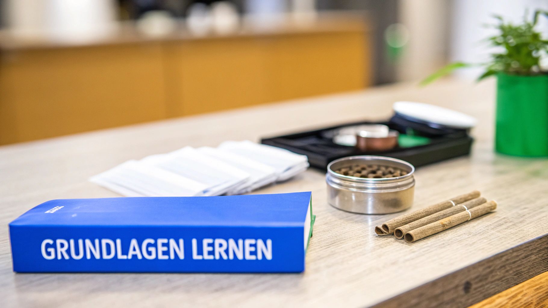 Ein Tisch mit einem blauen Buch „Grundlagen Lernen“, Rolling Papers, einem Grinder und drei Joints.