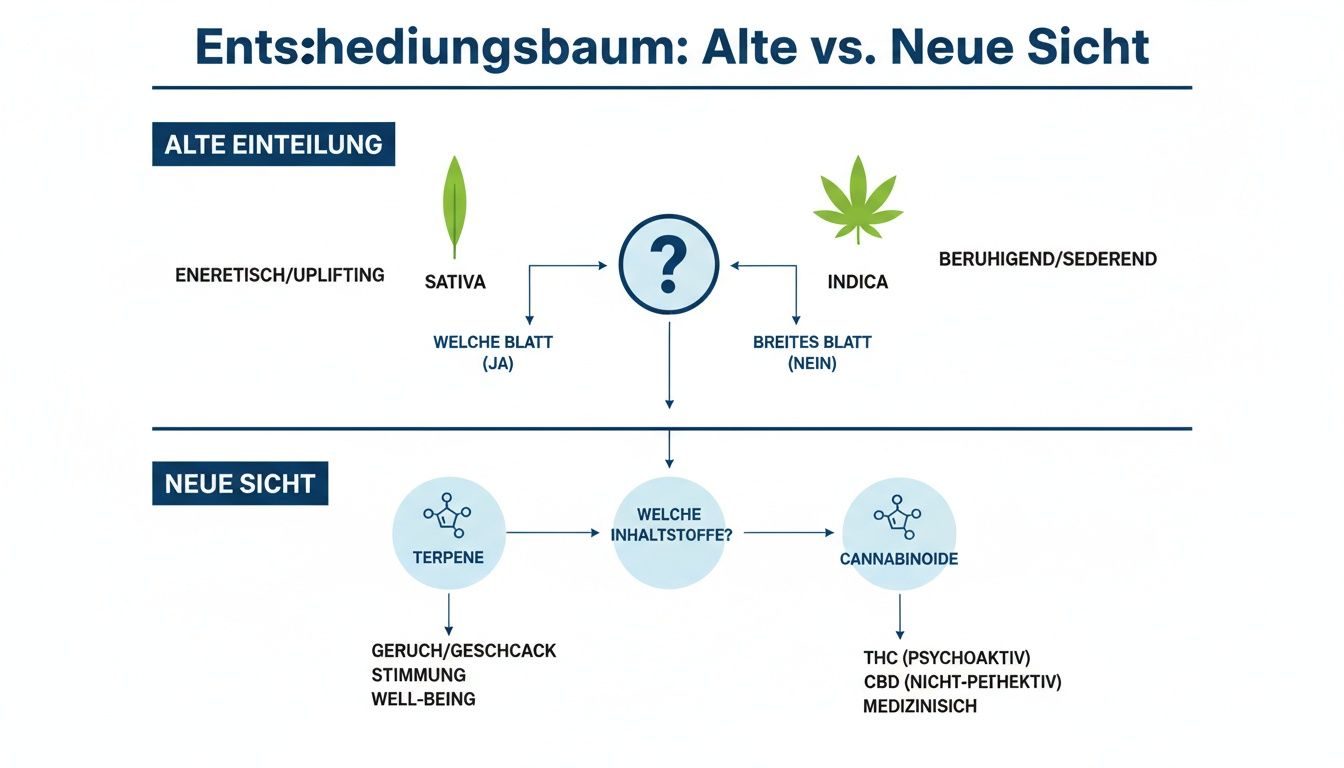 Entscheidungsbaum über Cannabis-Klassifizierung: Alte Sicht (Sativa/Indica) versus neue Sicht (Terpene/Cannabinoide) und deren Wirkungen.