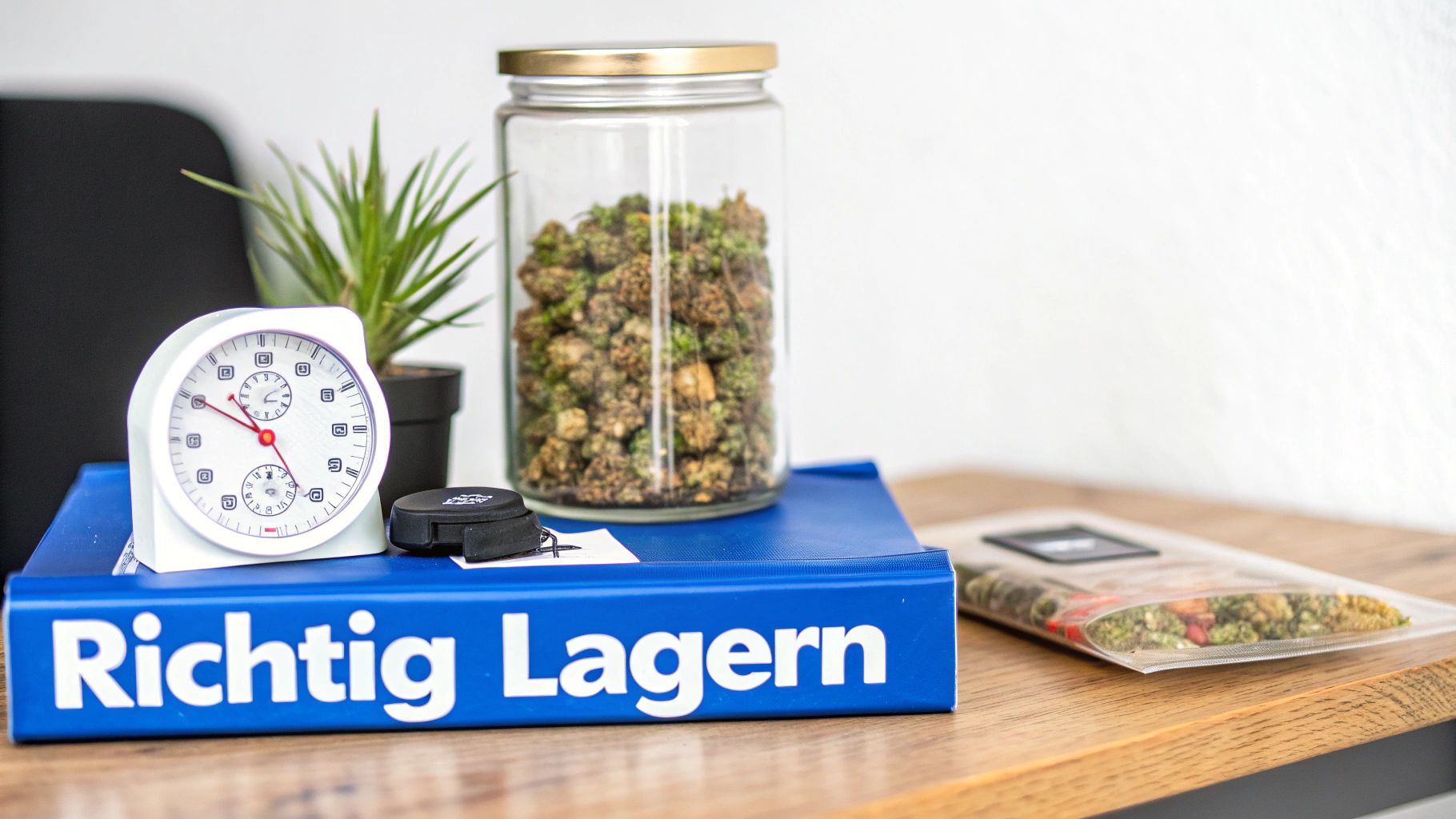 Cannabisblüten in einem Glas und Beutel auf einem Tisch mit Uhr und einem Ordner.