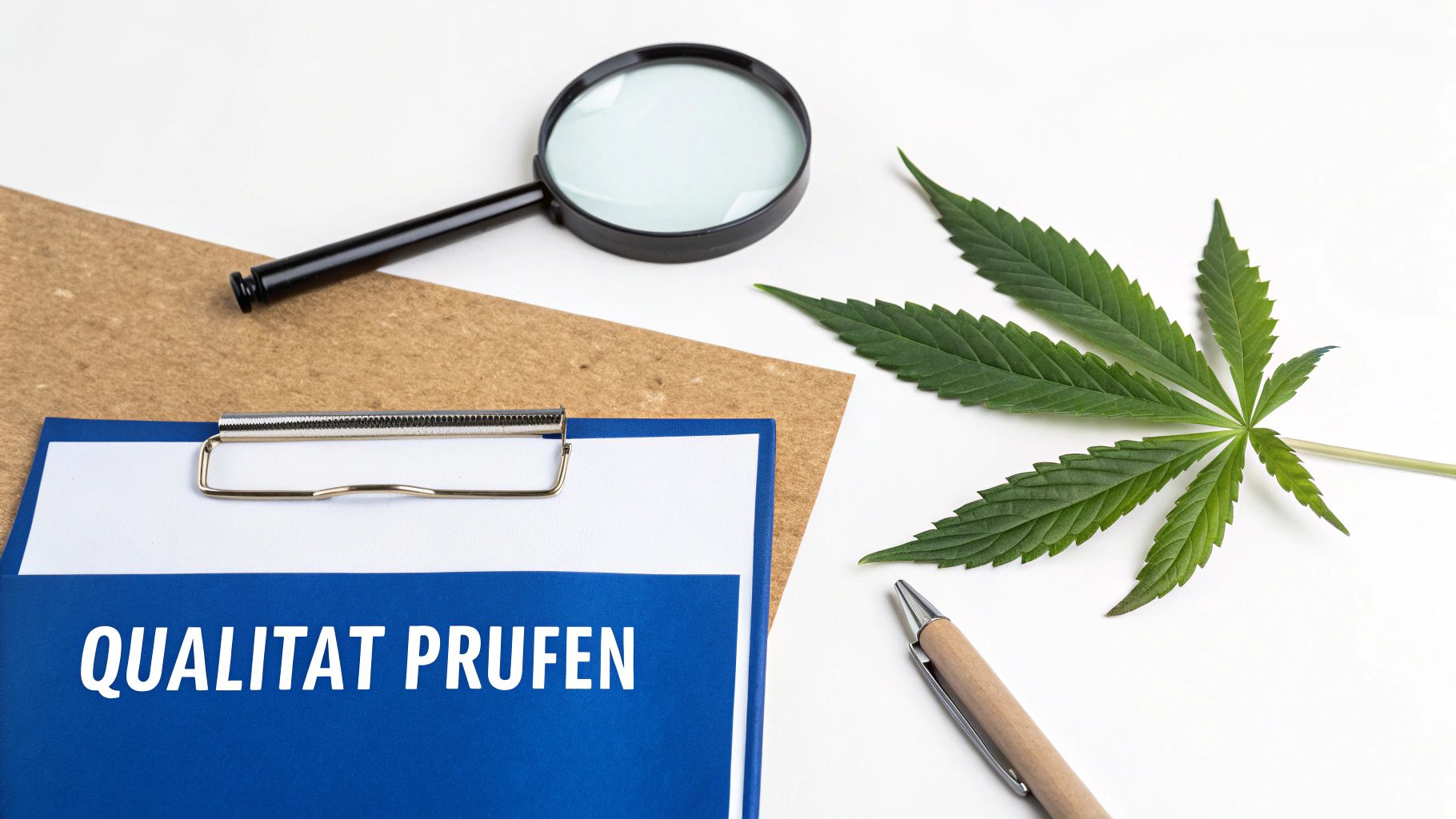 Ein Cannabisblatt, eine Lupe, ein Stift und ein Klemmbrett mit der Aufschrift 'QUALITÄT PRÜFEN' auf einem Tisch.