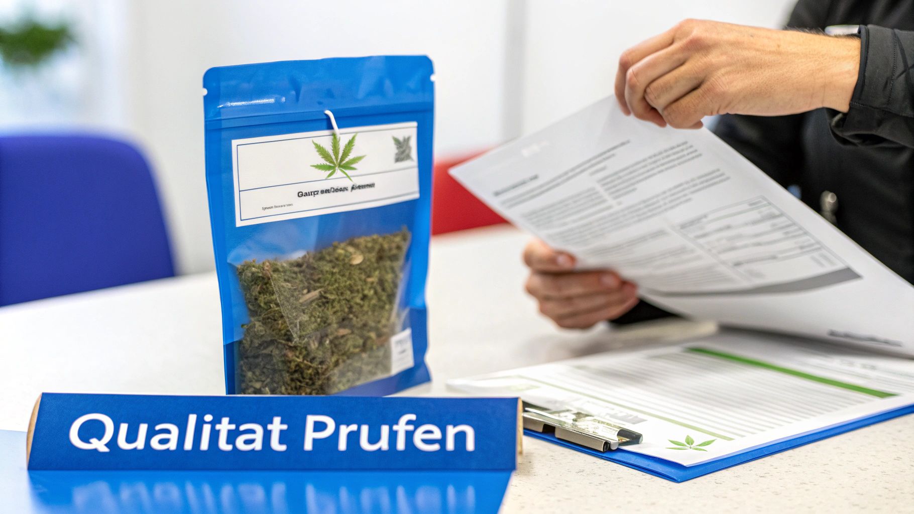 Eine Person prüft Dokumente neben einer Tüte Cannabisblüten mit Qualitätssiegel und einem 'Qualität Prüfen' Schild.