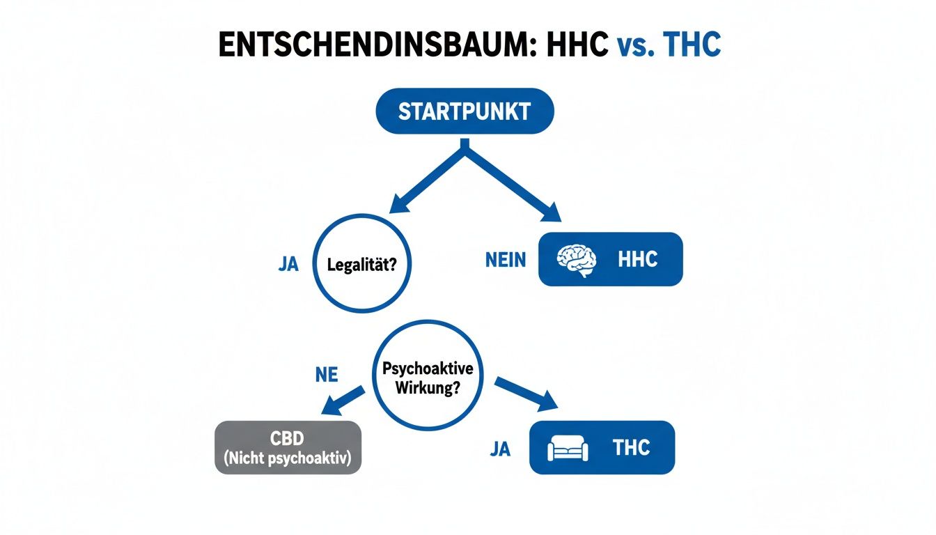 Entscheidungsbaum, der HHC und THC nach Legalität und psychoaktiver Wirkung vergleicht und mögliche Ergebnisse wie CBD zeigt.