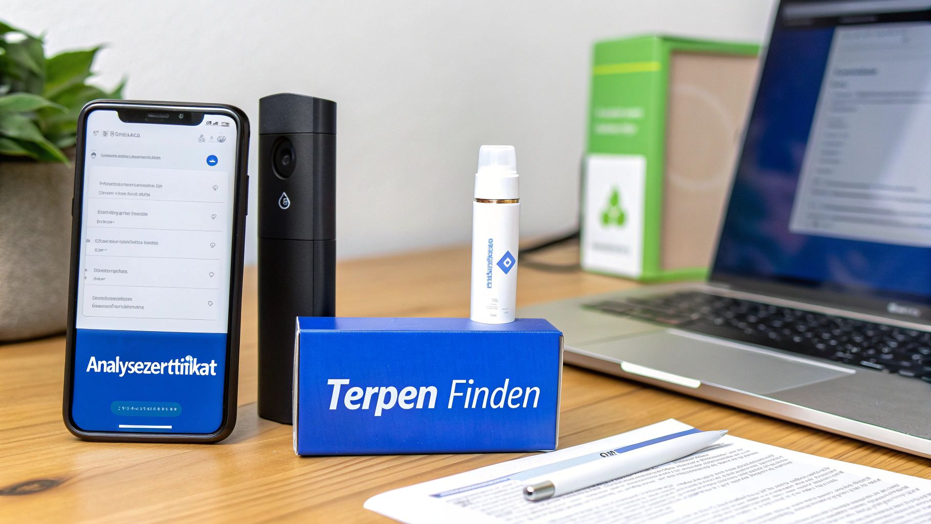 Ein Schreibtisch mit Smartphone, Analysezertifikat, "Terpen Finden" Box, Flasche und Laptop für Terpenanalyse.