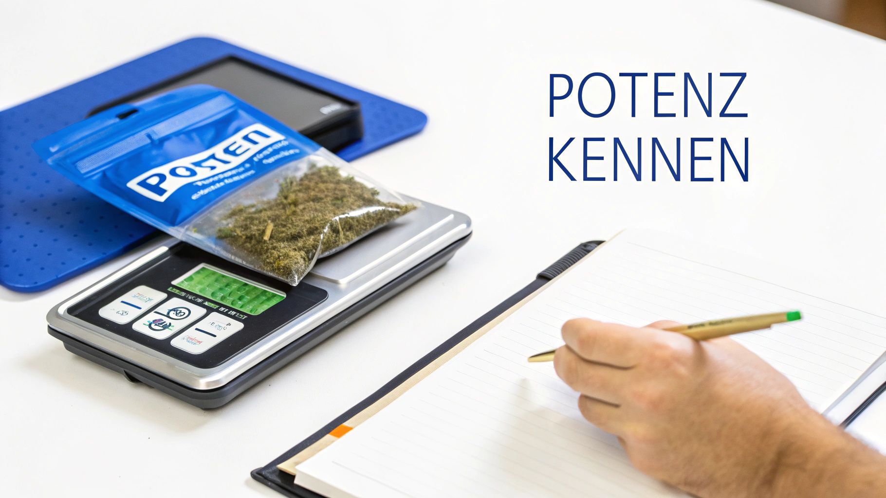 Eine Person misst eine Substanz auf einer digitalen Waage, daneben Notizbuch und Stift. Text: POTENZ KENNEN.