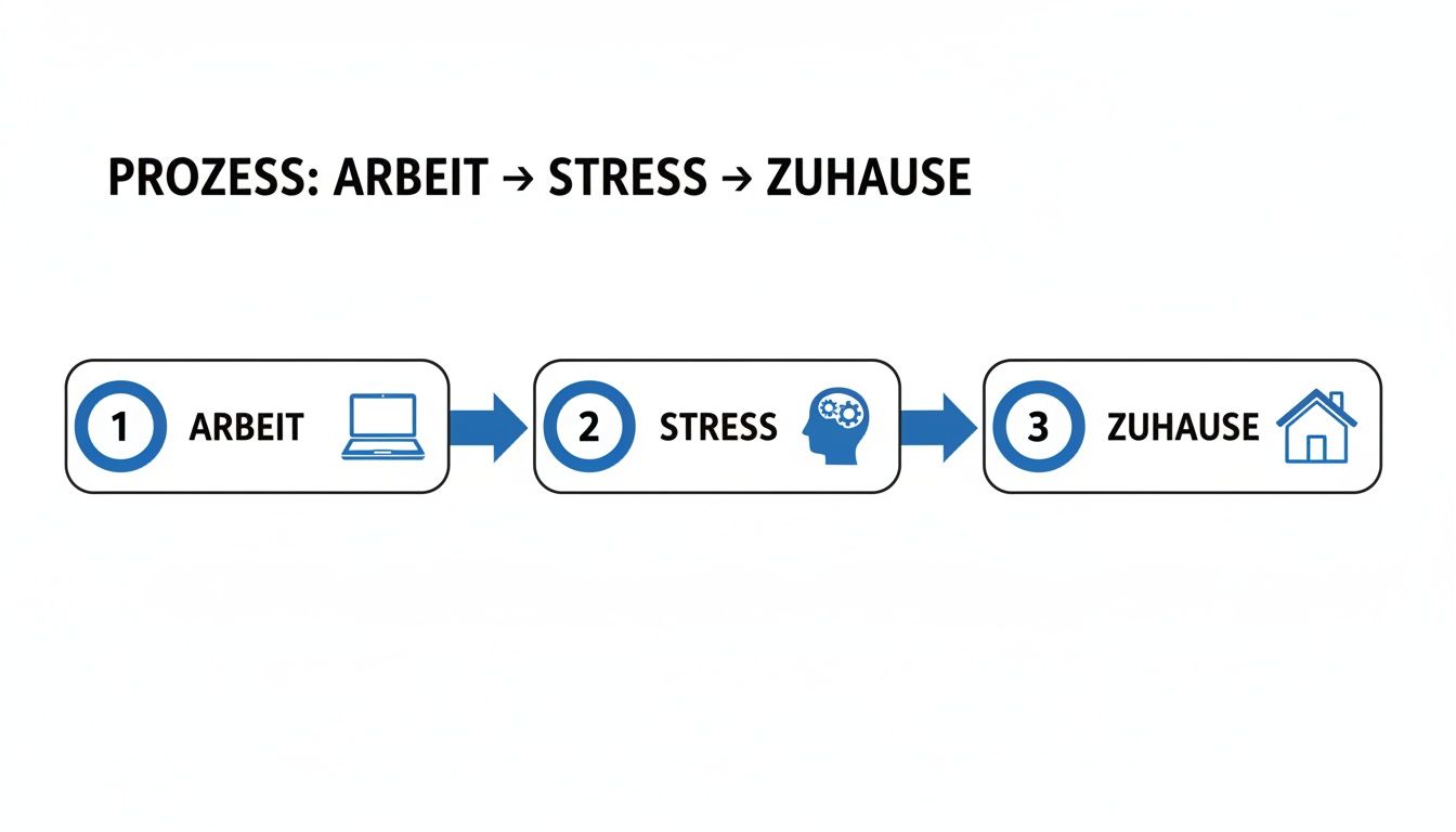 Ein Prozessdiagramm visualisiert den Übergang von Arbeit zu Stress und schließlich zur Entspannung zu Hause.