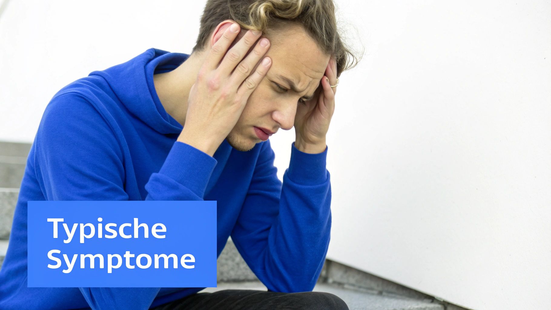 Ein junger Mann mit blonden Haaren in blauem Hoodie hält sich den Kopf, was auf Symptome oder Schmerz hinweist, mit dem Text 'Typische Symptome'.