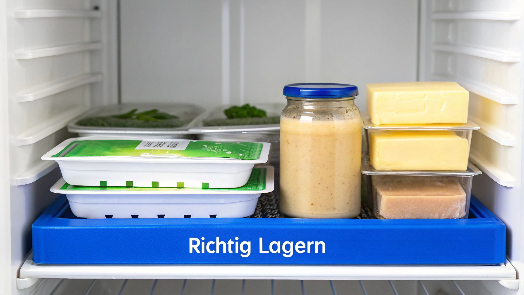 Richtig gelagerte Lebensmittel in einem sauberen Kühlschrank, darunter Käse, frisches Gemüse und eine Soße, in organisierten Behältern.