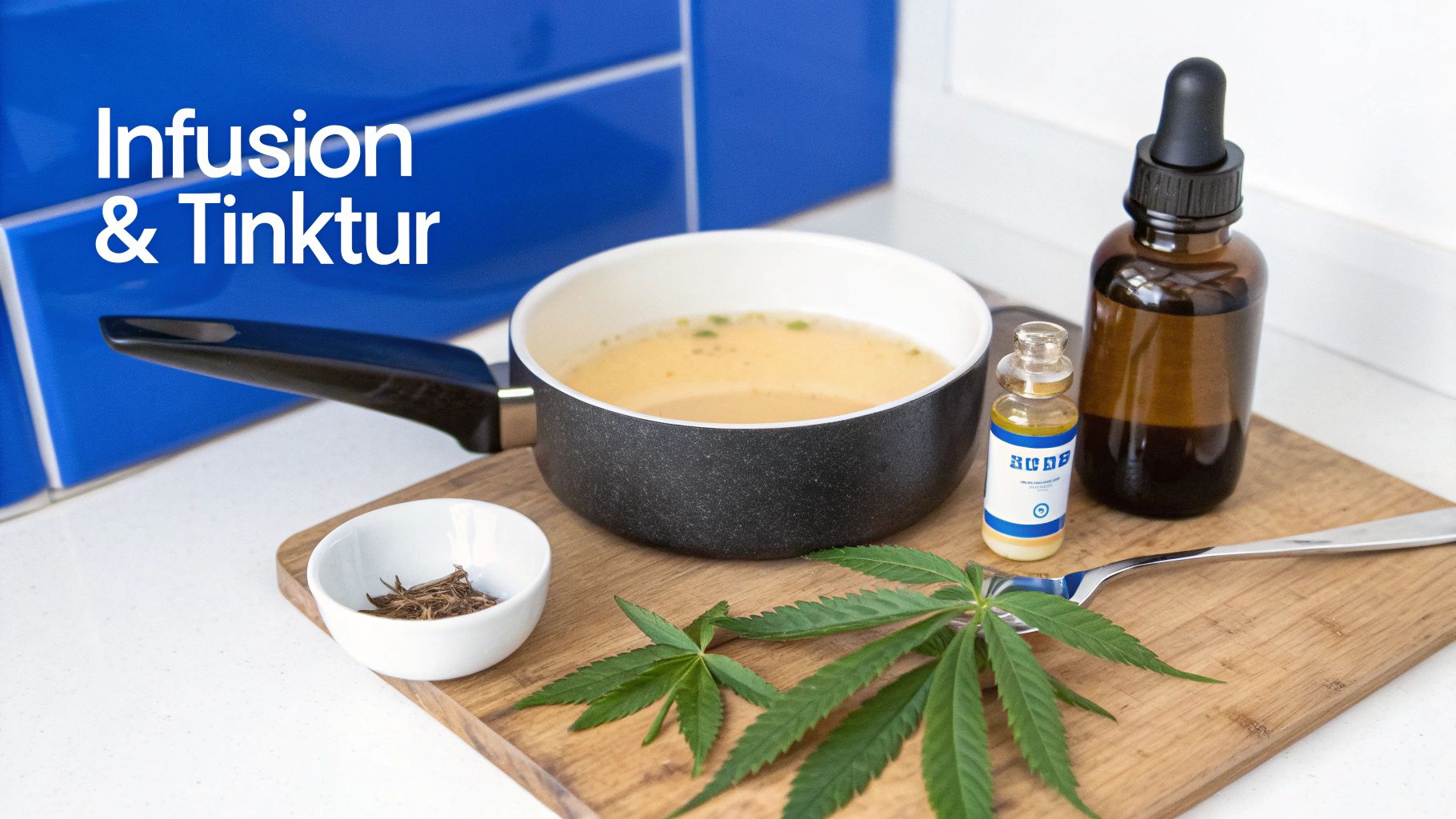 Zutaten und Utensilien zur Herstellung von Cannabis-Infusion und -Tinktur auf einem Holztisch.