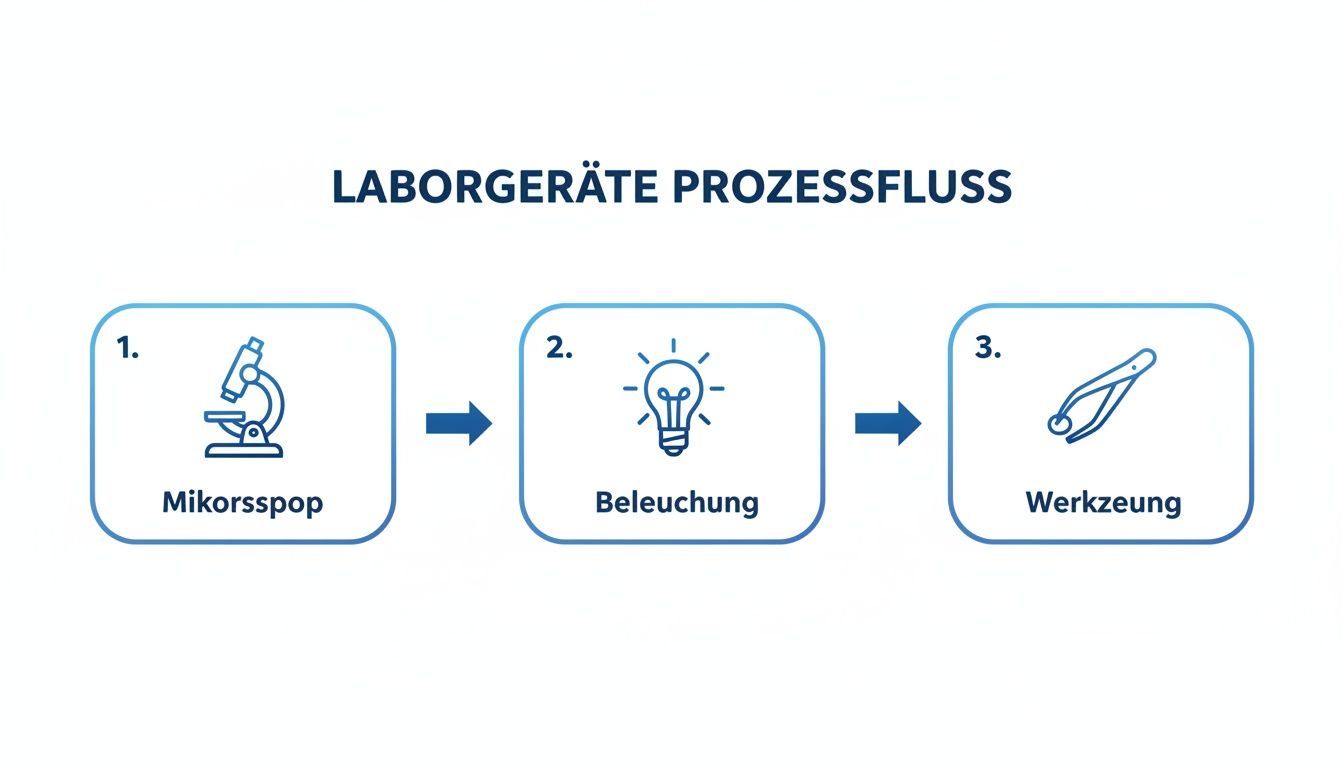Ein Flussdiagramm zeigt den Laborgeräte-Prozessfluss: Mikroskop, Beleuchtung und Werkzeug in drei Schritten.
