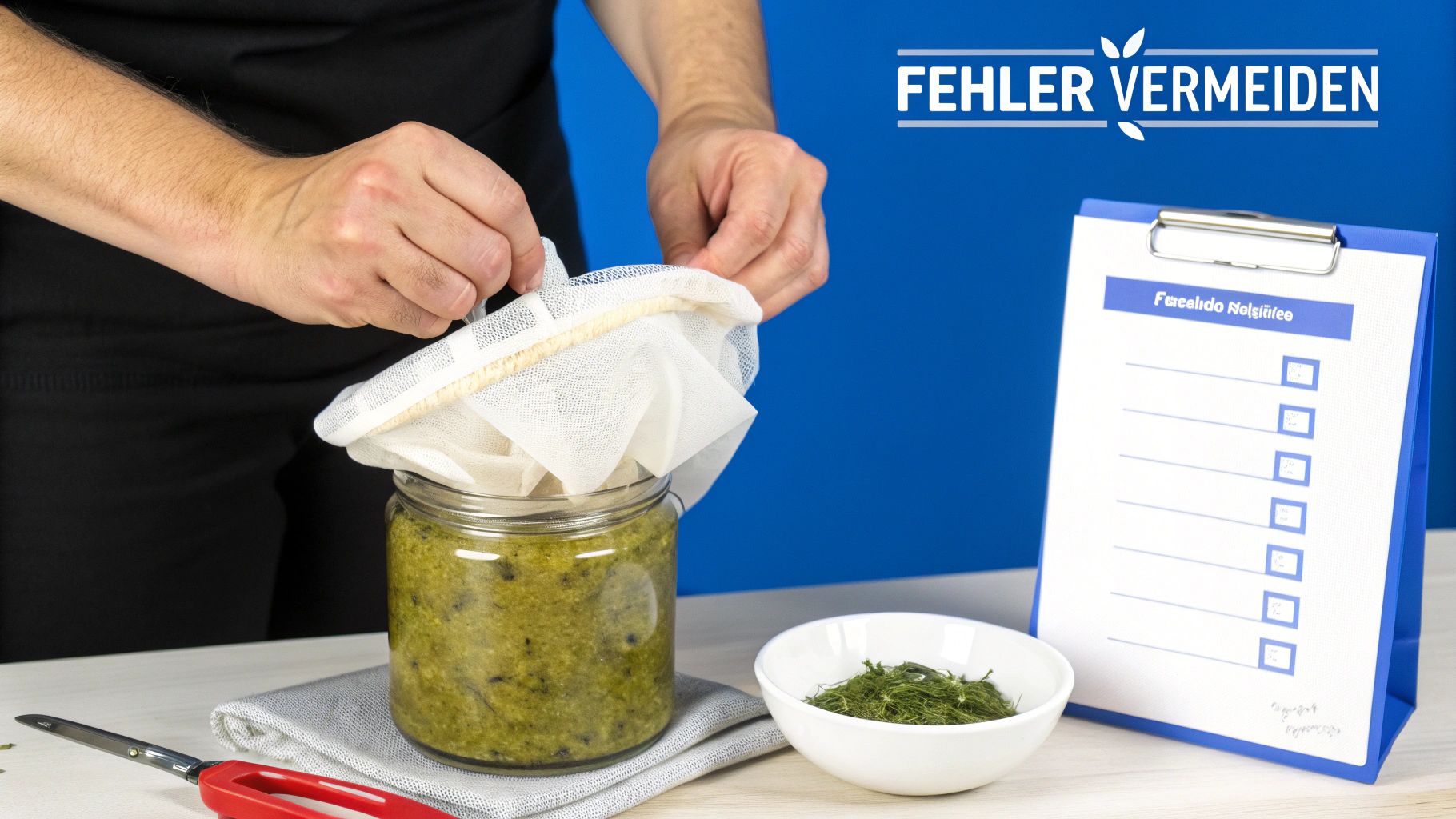 Hände filtern eine grüne Kräutermischung in einem Glas mit einem Siebtuch, Hinweise zur Fehlervermeidung.