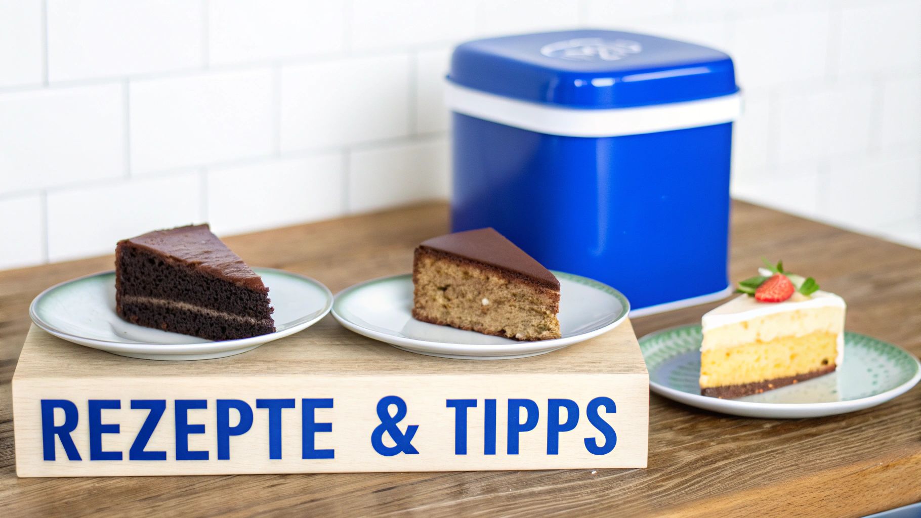 Drei Kuchenstücke auf Tellern neben einem Holzblock mit der Aufschrift „REZEPTE & TIPPS“ und einer blauen Aufbewahrungsbox.