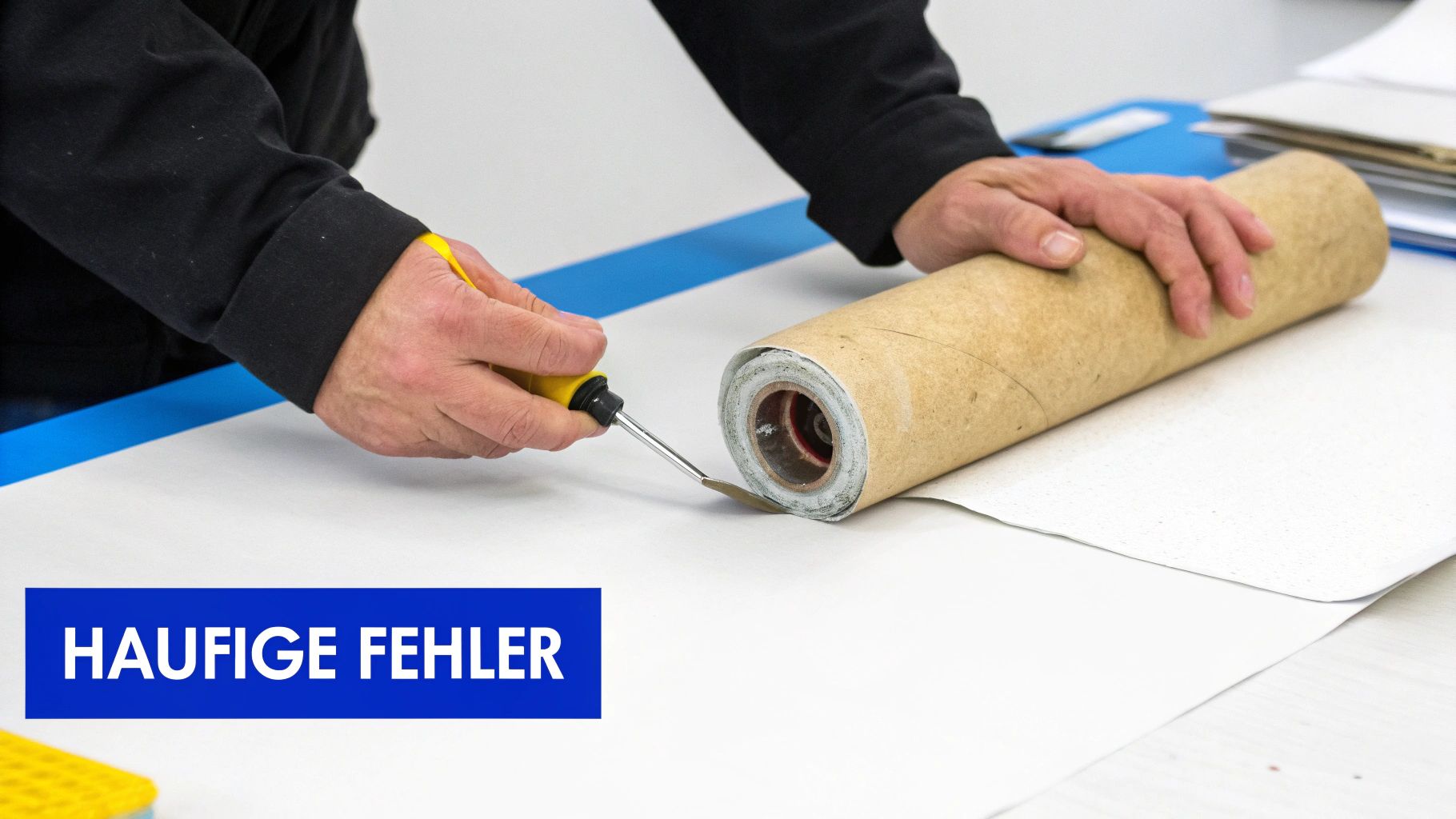 Nahaufnahme von Händen, die eine Rolle Material mit einem Werkzeug auf einem Tisch bearbeiten, mit dem Text "Häufige Fehler".
