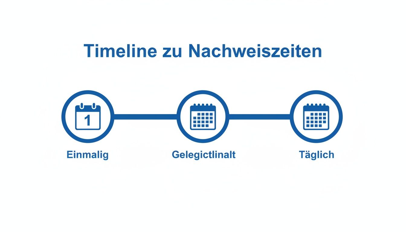 Zeitleiste zu Nachweiszeiten mit drei Kalendersymbolen für einmalige, gelegictlinallte und tägliche Zeiträume.