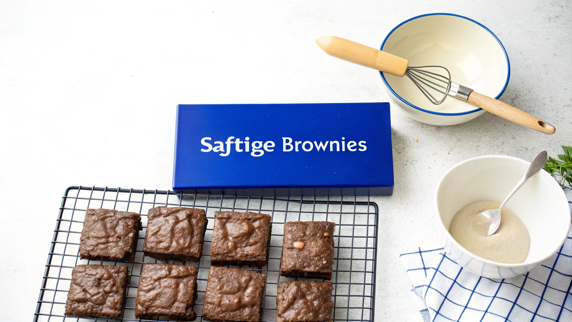 Eine blaue Packung Saftige Brownies, gebackene Brownies auf einem Kuchengitter und Backutensilien.