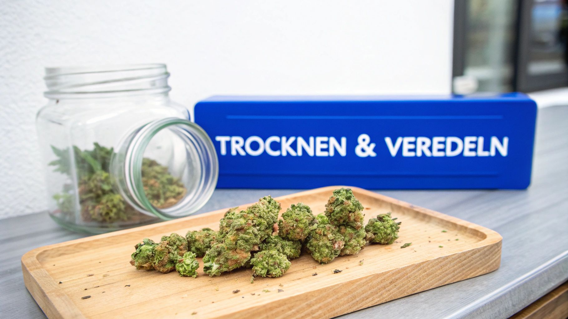 Frische Cannabisblüten auf einem Holztablett und in einem Glasbehälter mit einem Schild: „Trocknen & Veredeln“.