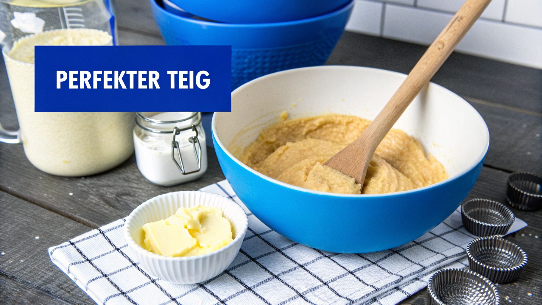 Nahaufnahme von Backzutaten, einer Schüssel Teig und einem Holzlöffel, bereit zum Backen.