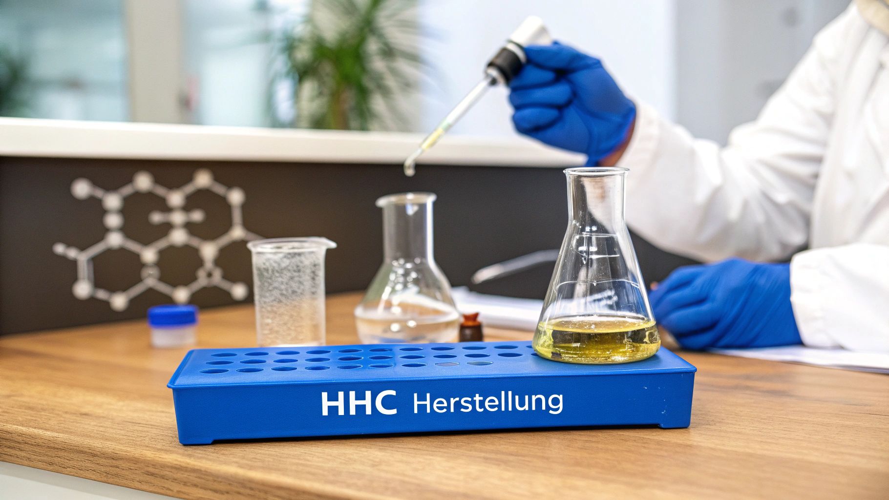 Ein Chemiker in blauen Handschuhen pipettiert Flüssigkeit in einen Kolben auf einem Labortisch mit der Aufschrift 'HHC Herstellung'.