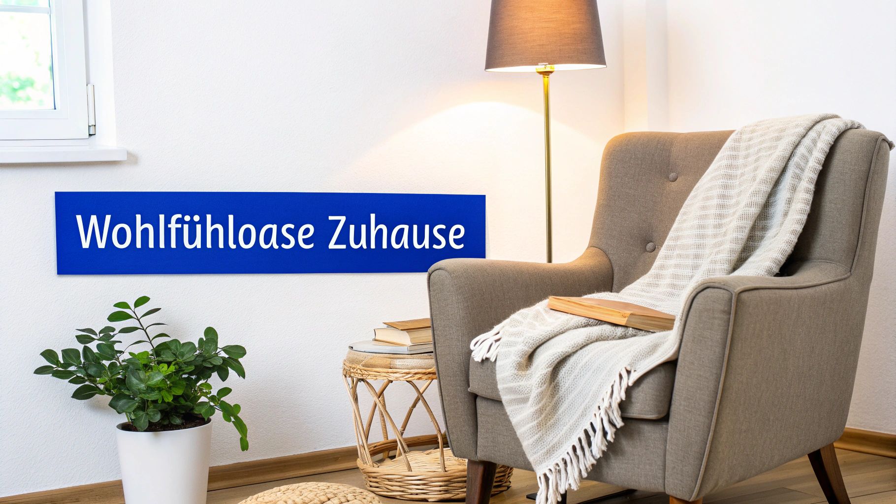 Gemütlicher Wohnbereich mit bequemem Sessel, weicher Decke, Büchern, Stehlampe und einer Zimmerpflanze. Ein Schild sagt 'Wohlfühloase Zuhause'.