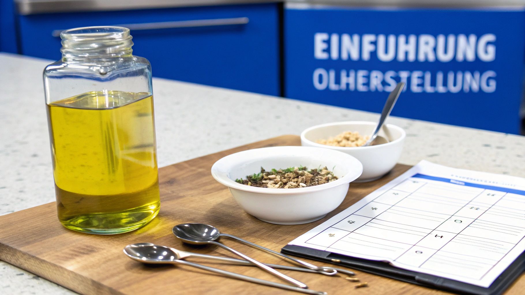 Einrichtungsdetails für die Herstellung von Öl, mit Flasche, Zutaten und Notizen auf Holztisch.