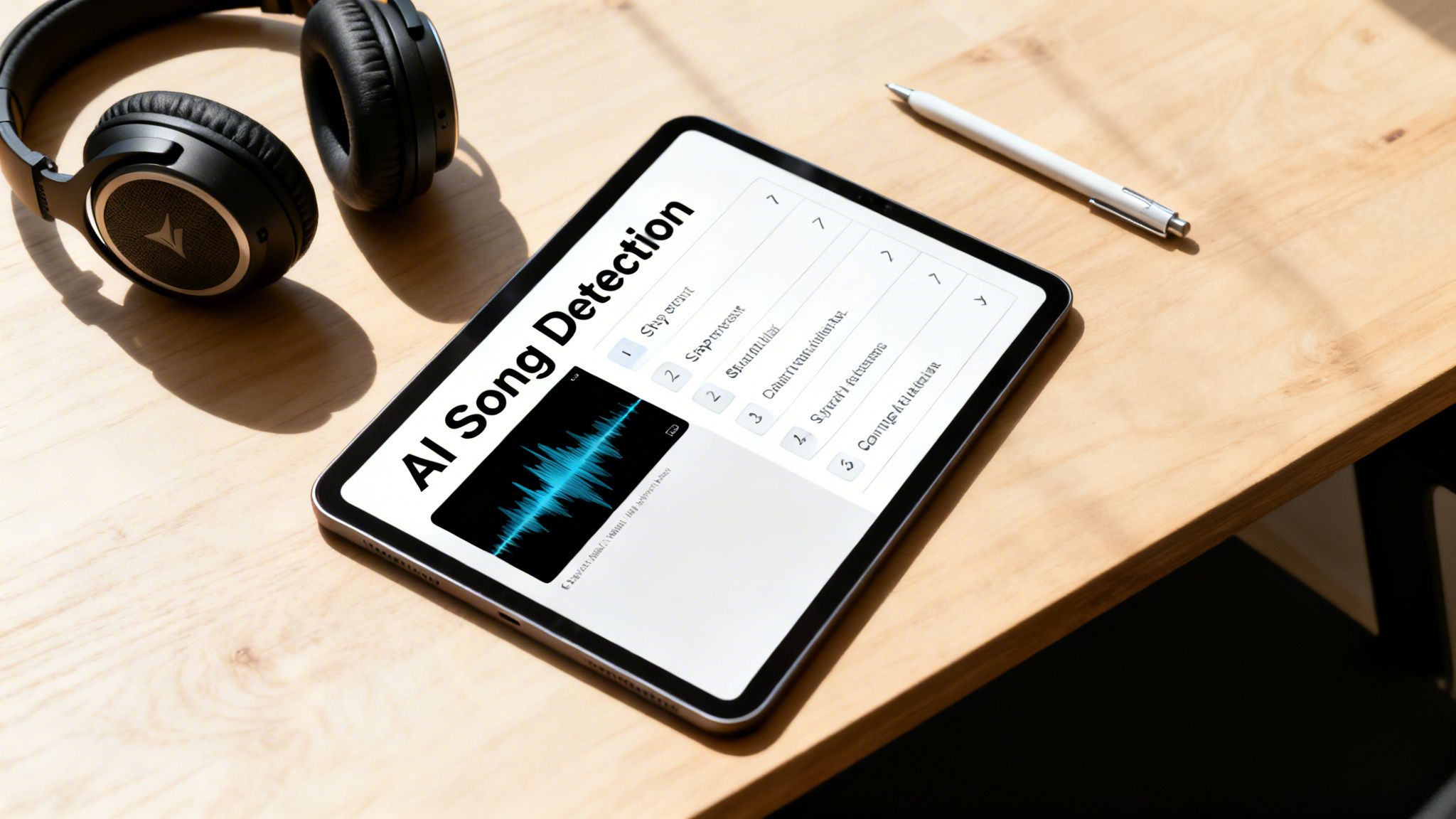 A tablet displaying an 'AI Song Detection' app, with headphones and a pen on a wooden desk.