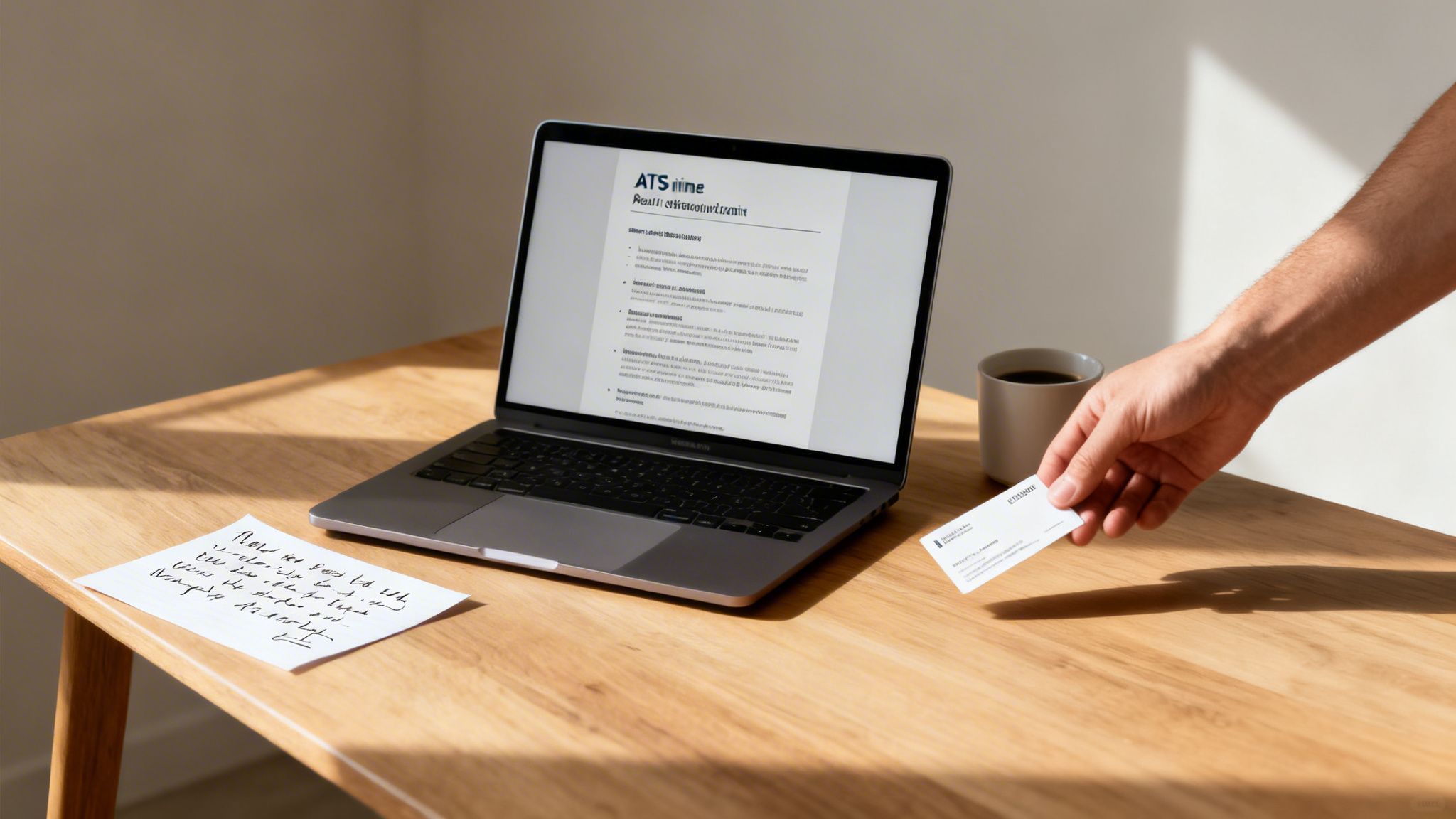 A person's hand holds a business card near a laptop displaying a resume on a wooden desk with a coffee mug.