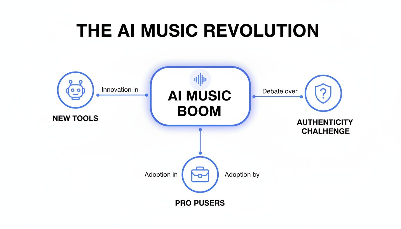 Flowchart on the AI music revolution, detailing the boom, new tools, pro user adoption, and authenticity challenges.