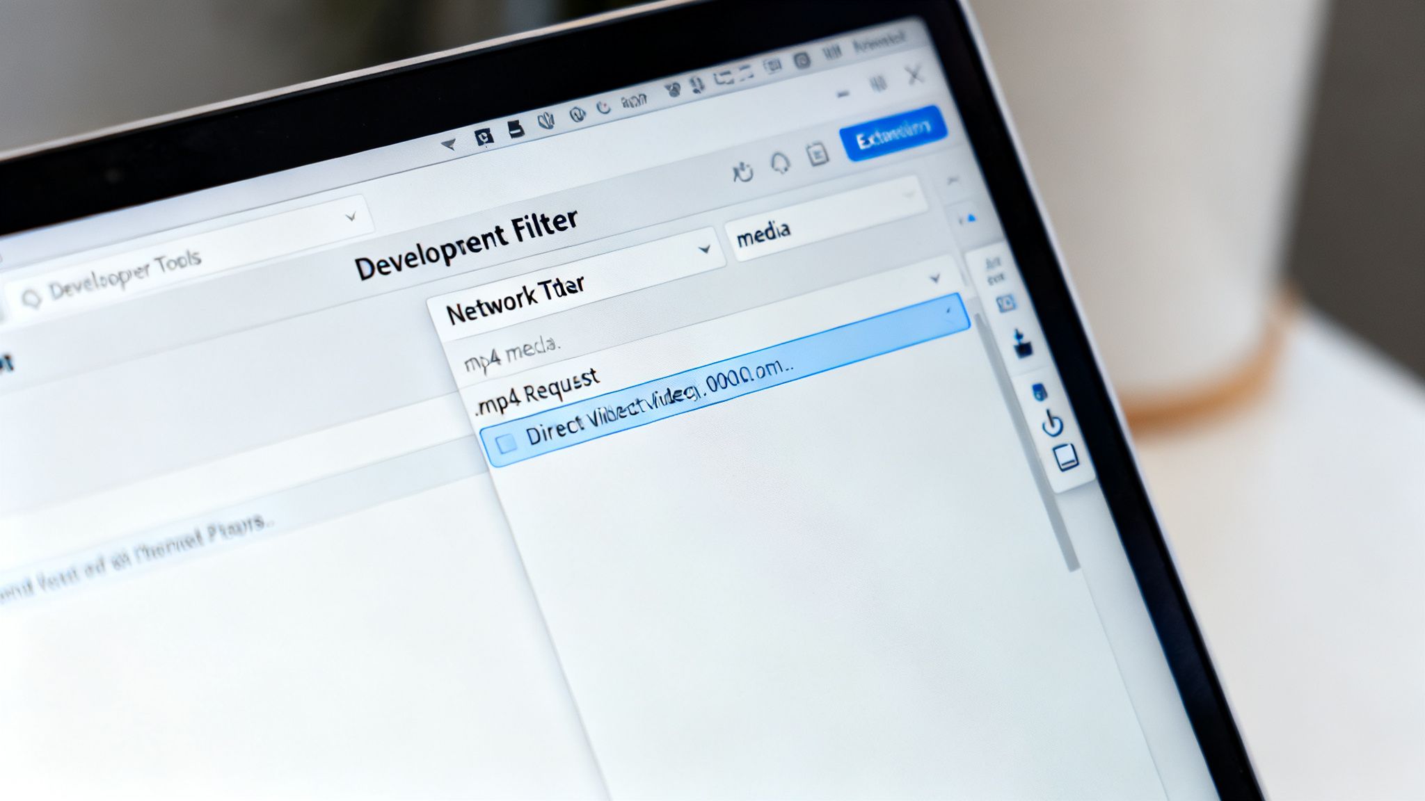 Close-up of a laptop screen showing developer tools with network filter settings for video files.