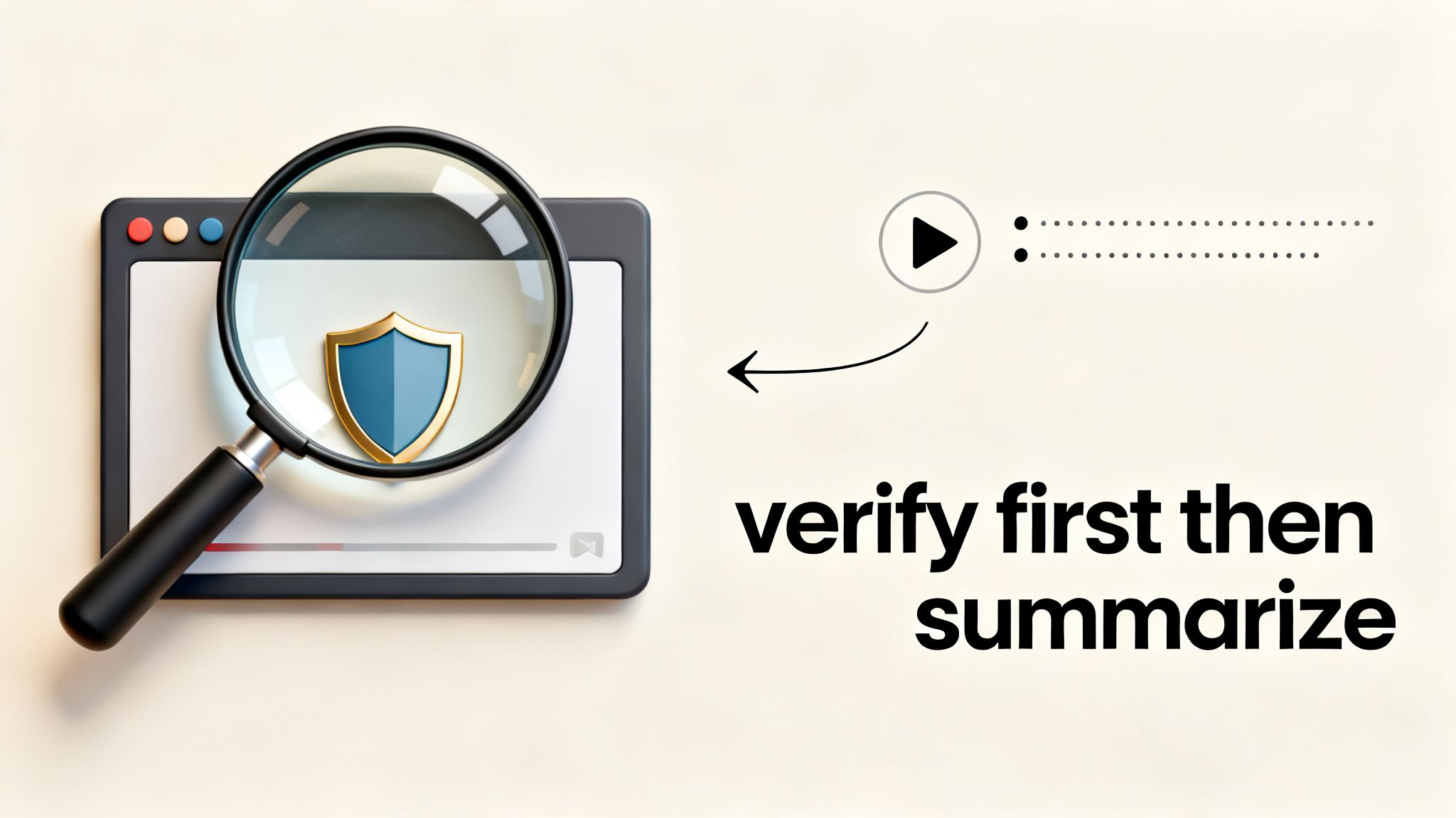 Magnifying glass examining a security shield on a video player, indicating content verification before summarization.