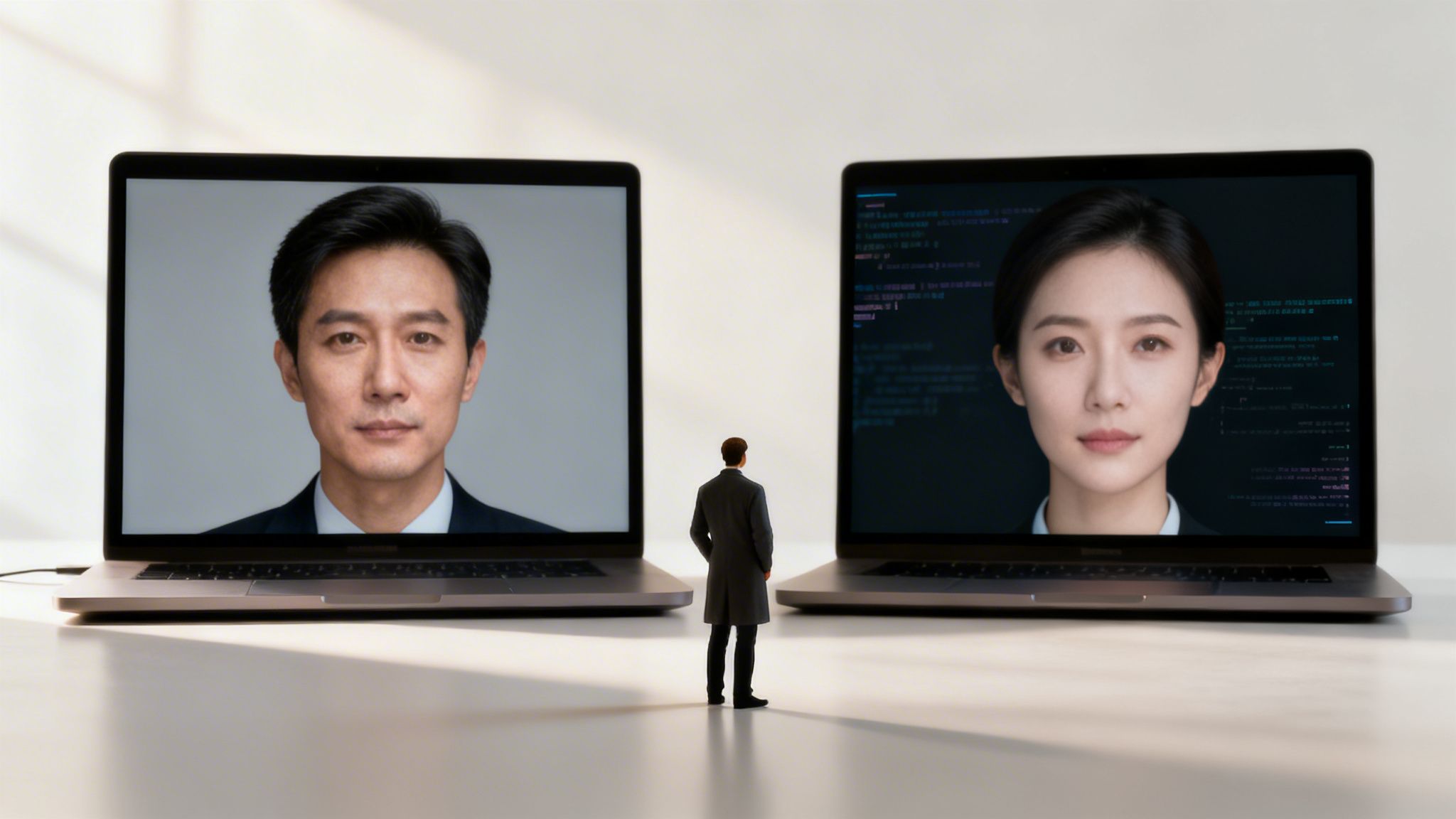 A small man figurine stands between two laptops, one showing a man's face, the other a woman's face with code.
