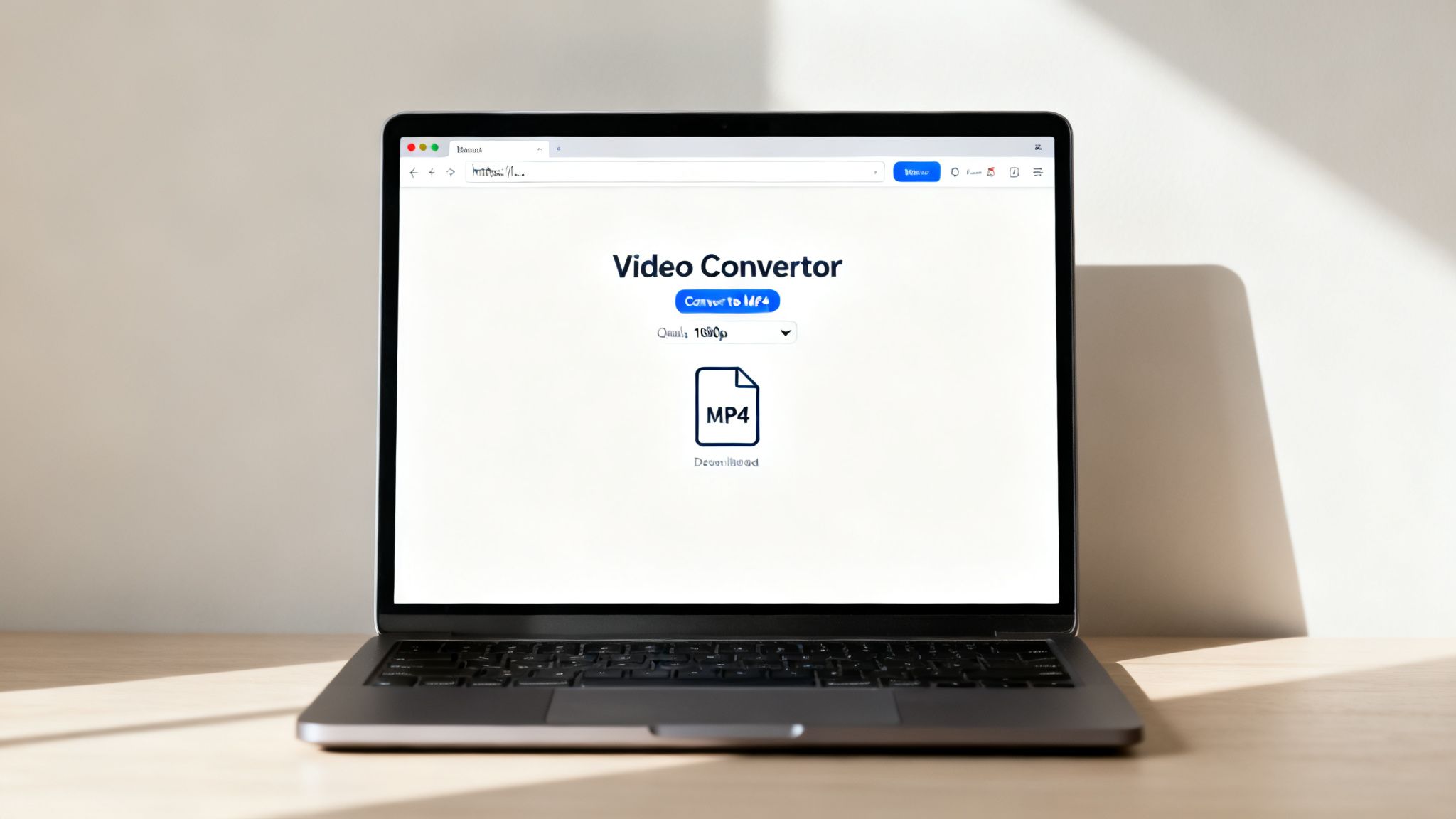 Laptop screen shows 'Video Convertor' website with options to convert to MP4 and download.