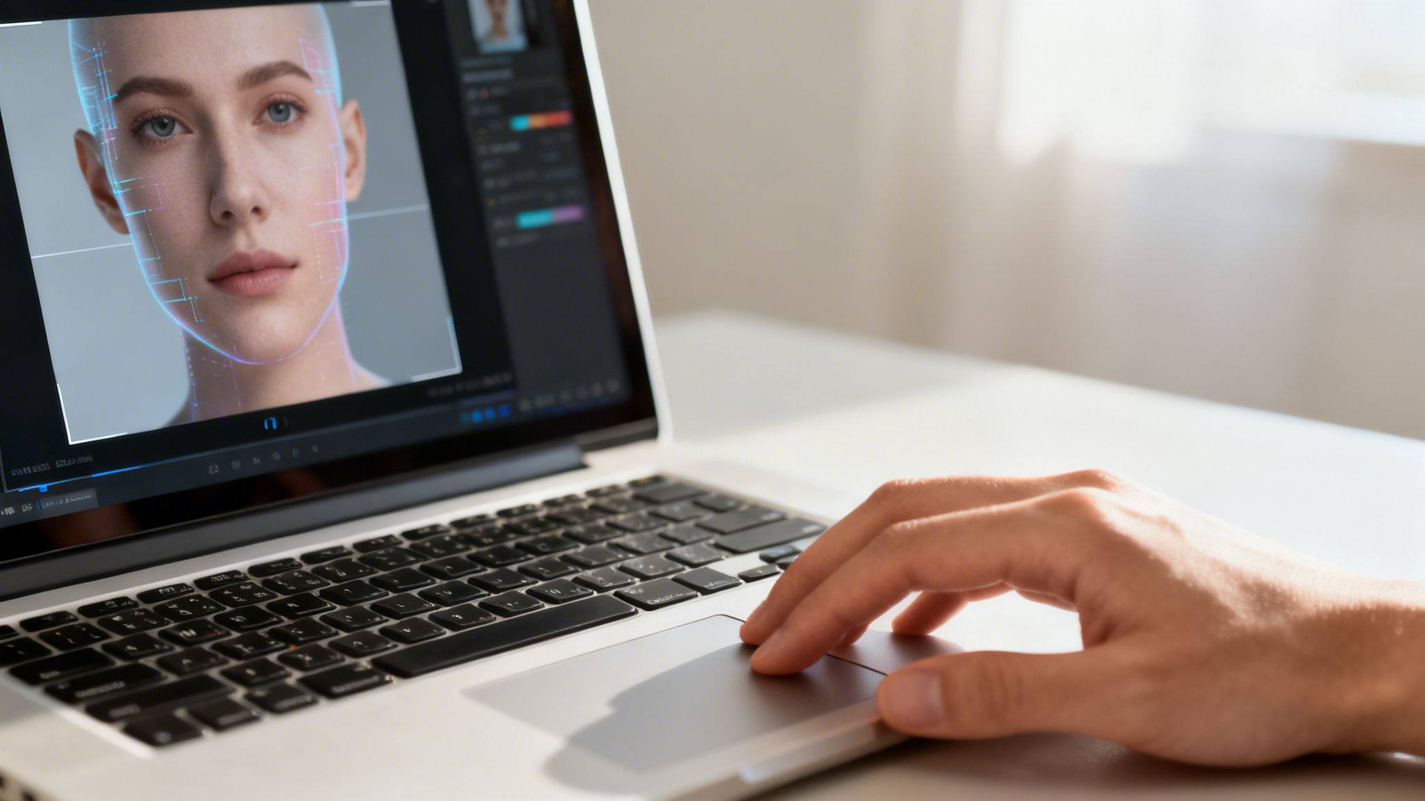 Close-up of a person's hand using a laptop displaying facial recognition technology on a woman's face.