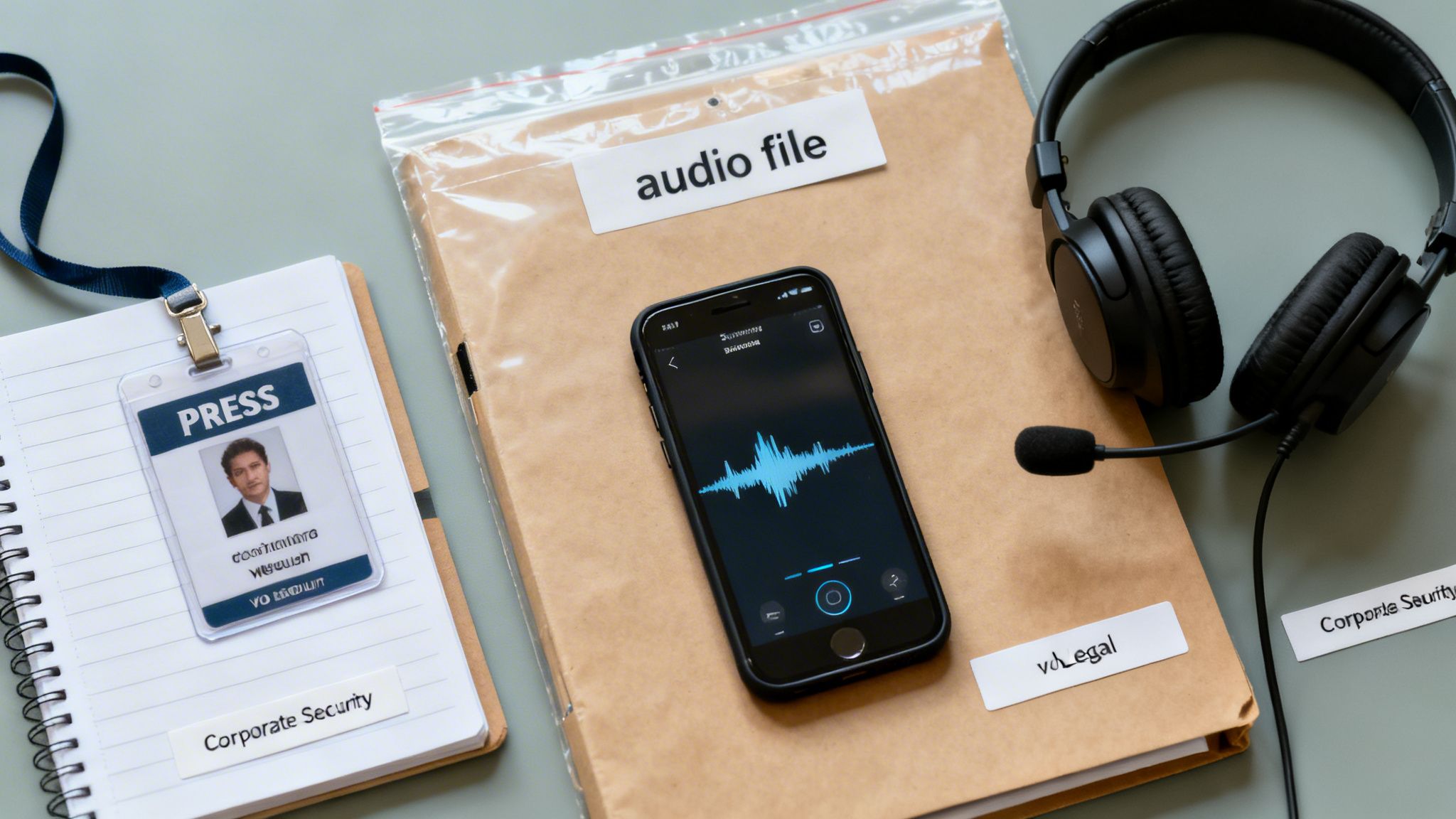Flat lay of press ID badge, phone with audio waveform, headphones, and legal investigation documents.