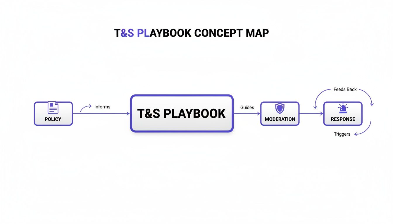A concept map showing Policy informing T&S Playbook, which guides Moderation and Response.