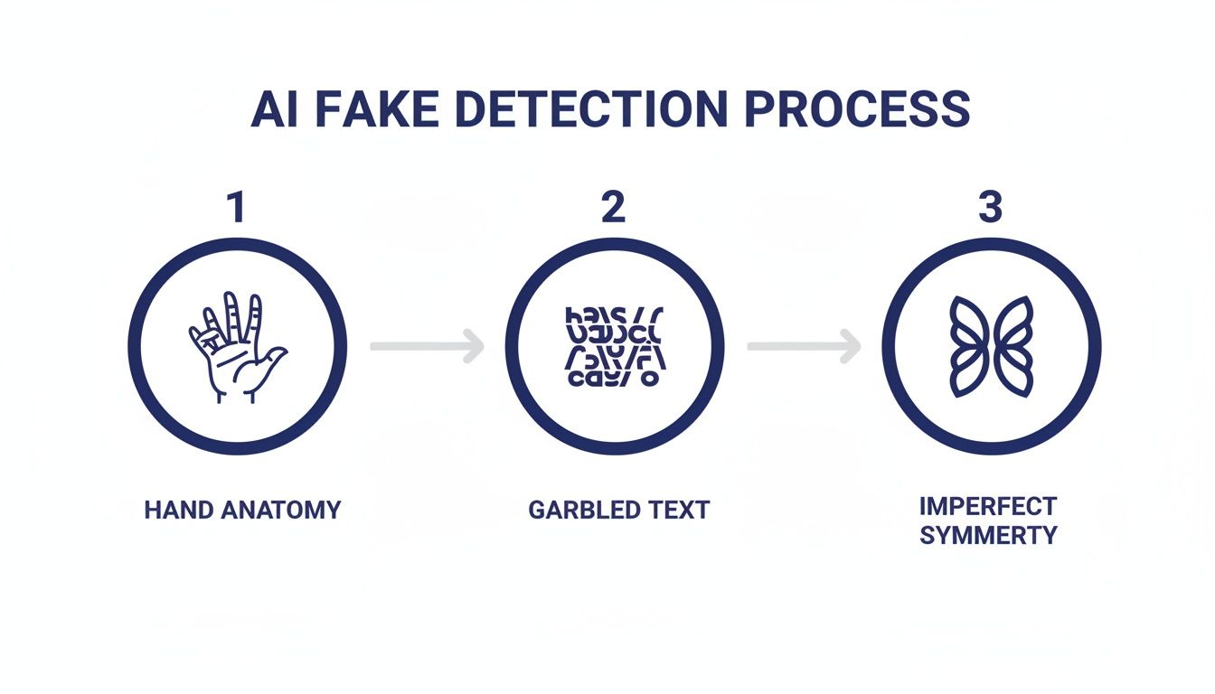 An infographic showing the AI fake detection process, highlighting hand anatomy, garbled text, and imperfect symmetry.
