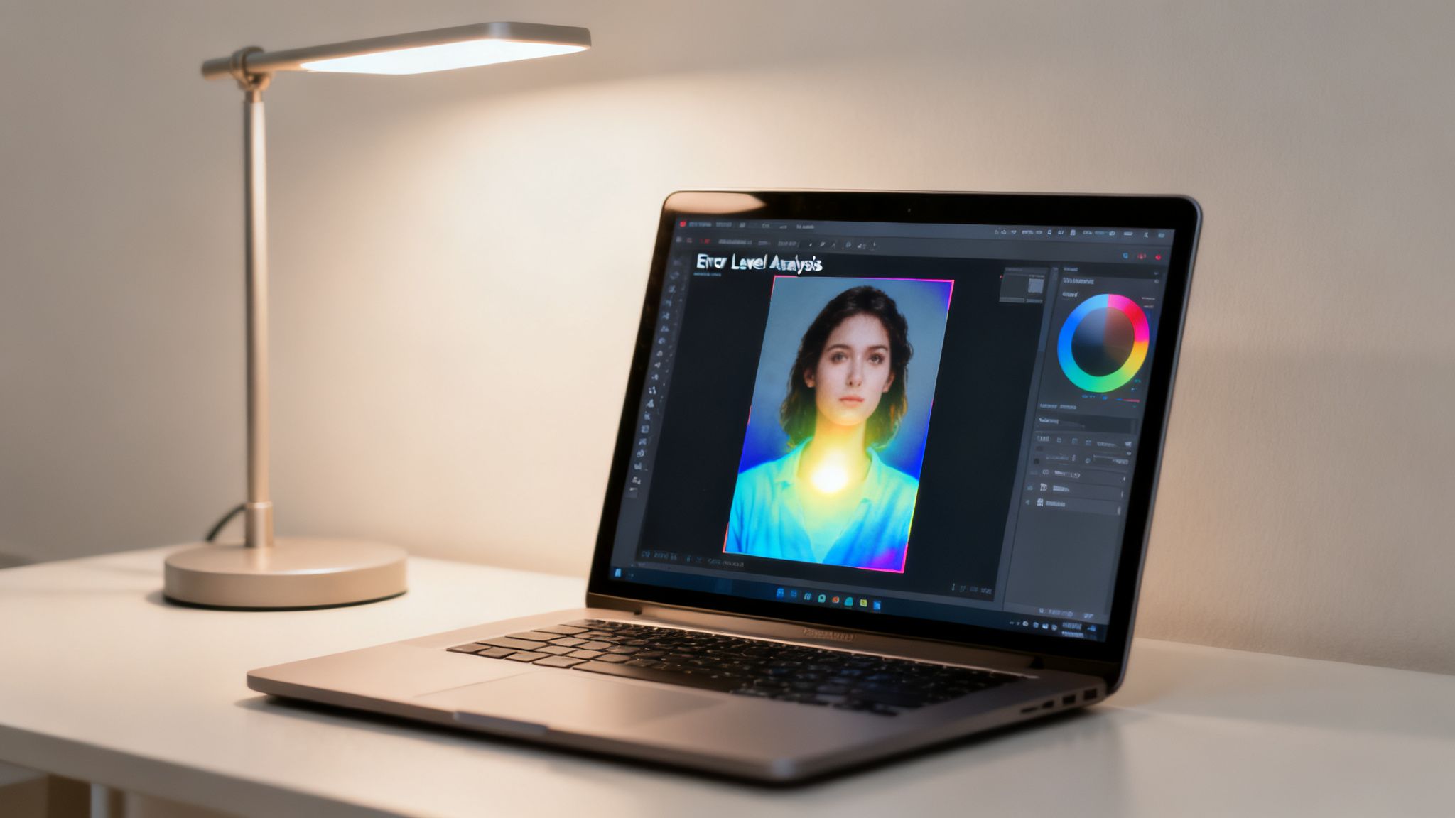 Laptop screen displaying image analysis software with heat map over a woman's photo, detecting manipulation.