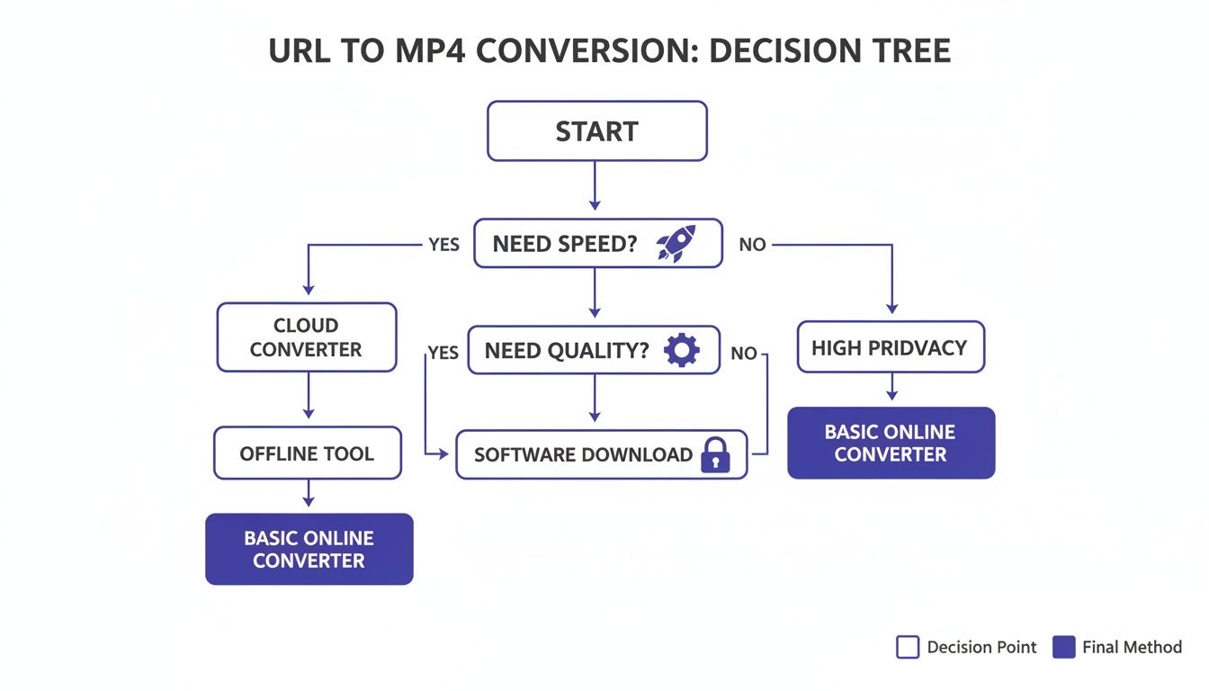 A decision tree flowchart outlining steps for URL to MP4 conversion based on user needs for speed, quality, and privacy.