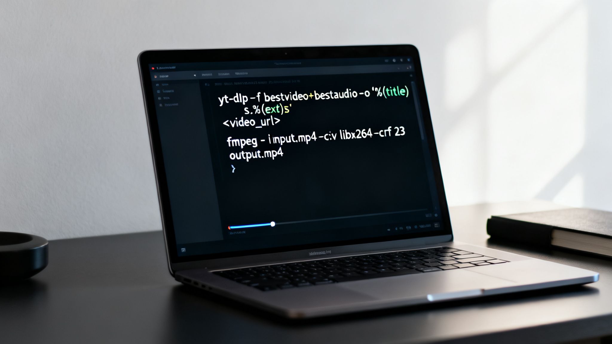 A laptop screen shows yt-dlp and ffmpeg commands for video download and conversion.