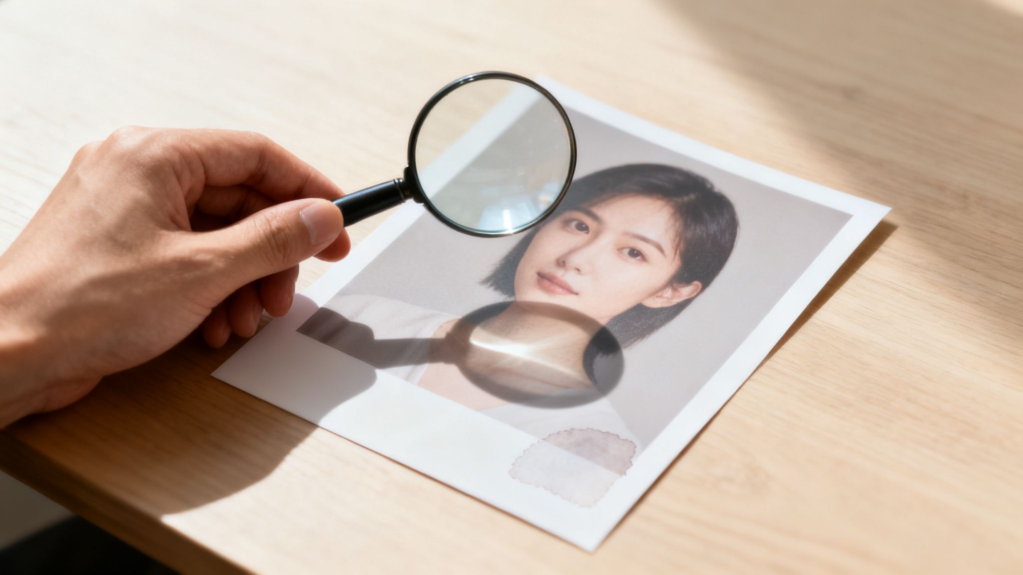 A hand holding a magnifying glass over a photo of a woman on a wooden desk.