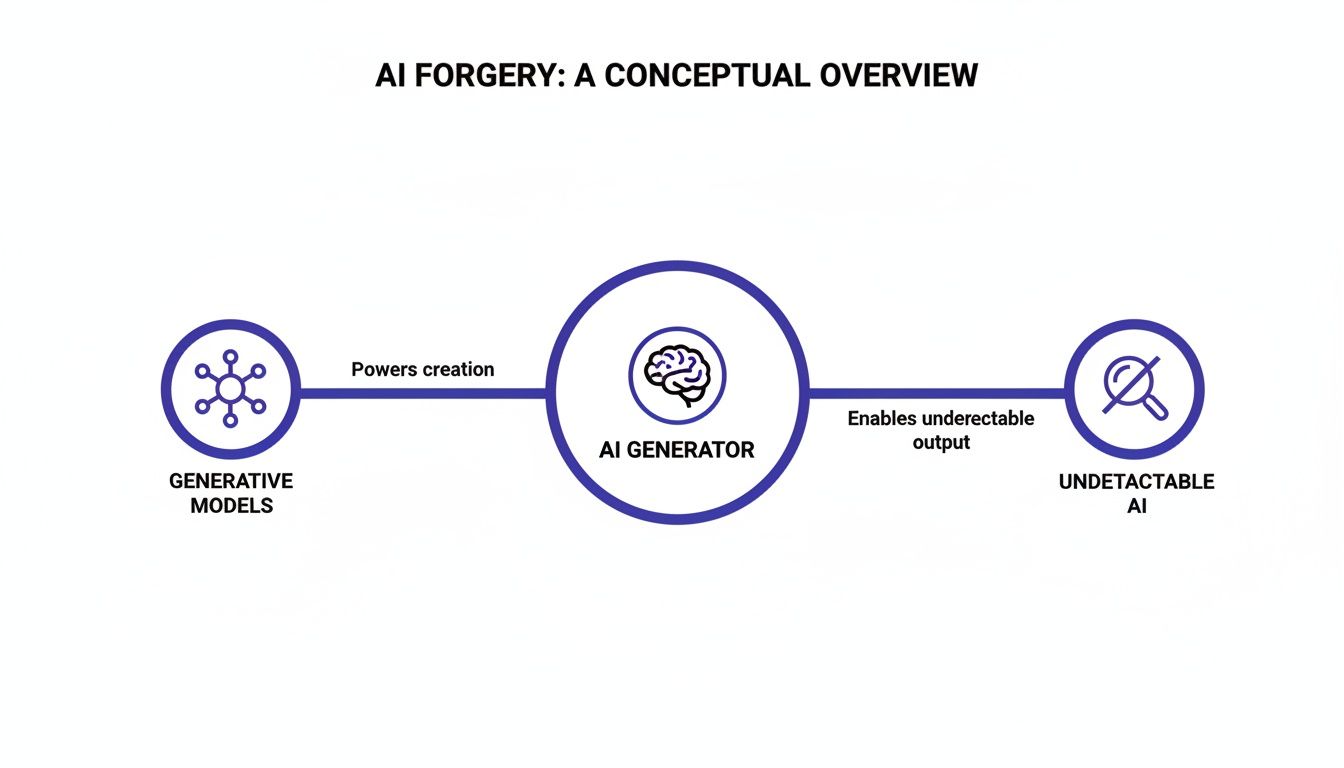 Conceptual diagram illustrating AI forgery, showing generative models powering an AI generator for undetectable output.