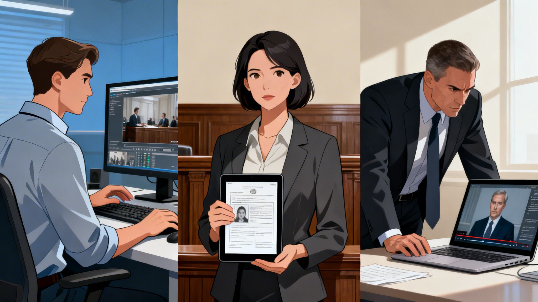 Legal professionals in three anime panels using technology for video editing, digital evidence, and virtual court.