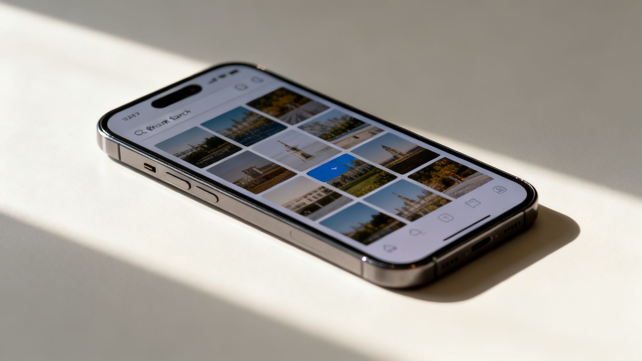 An iPhone displaying a photo gallery with multiple images and a highlighted selection, illuminated by natural sunlight.