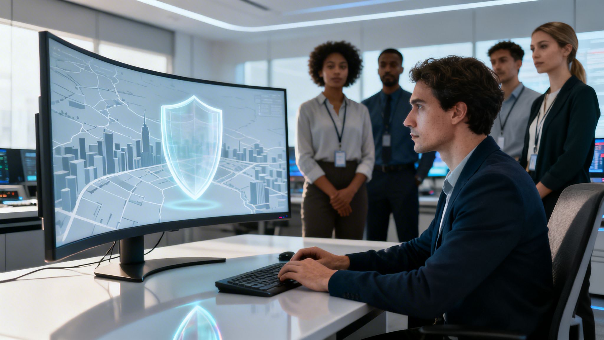 A team of diverse professionals monitors a large screen displaying a city map with a security shield.