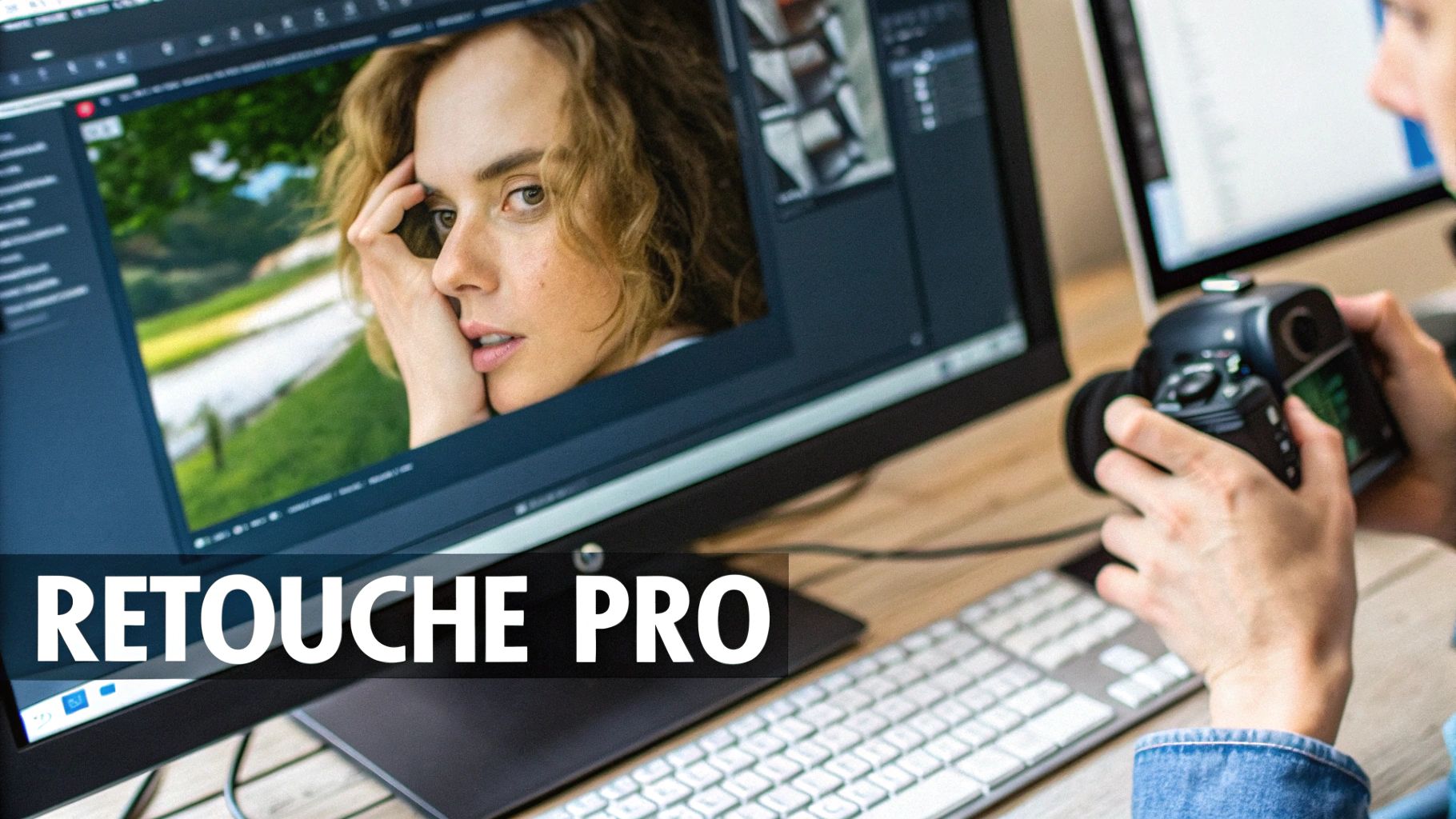 Une personne utilisant un logiciel de retouche photo professionnelle sur un ordinateur avec une tablette graphique