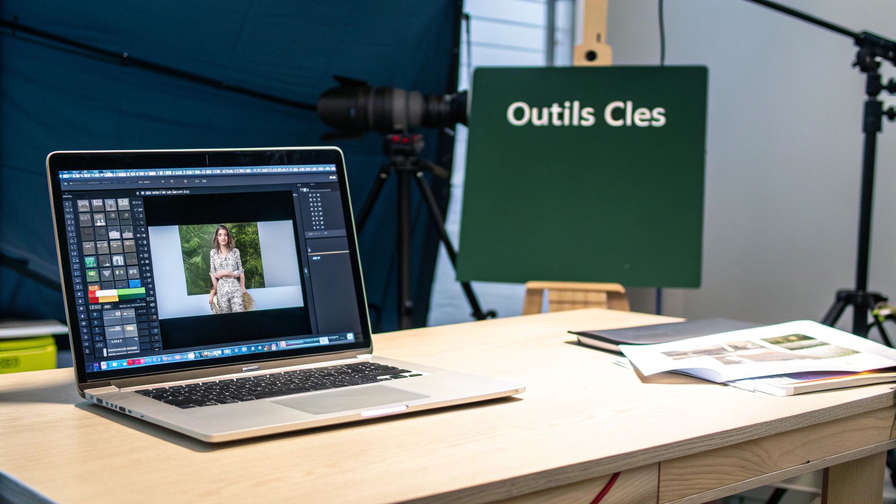 Une personne utilisant un logiciel de retouche photo professionnelle sur un ordinateur avec une tablette graphique