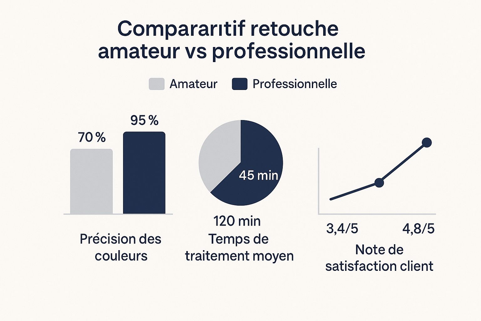 Infographie comparant la retouche photo amateur et professionnelle sur la précision des couleurs, le temps de traitement et la satisfaction client.